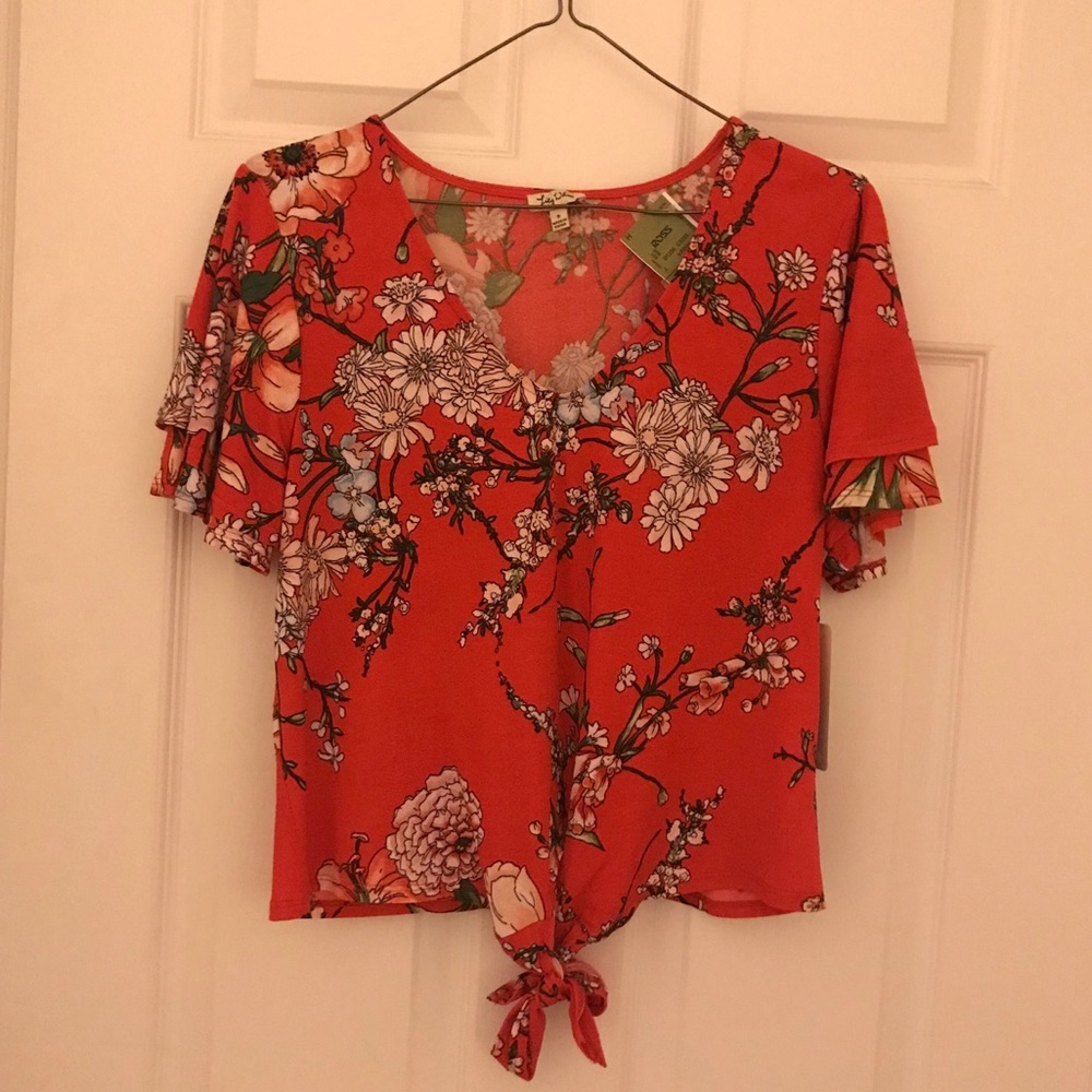 Red Orange Blouse Floral Tie Knot Short Sleeve